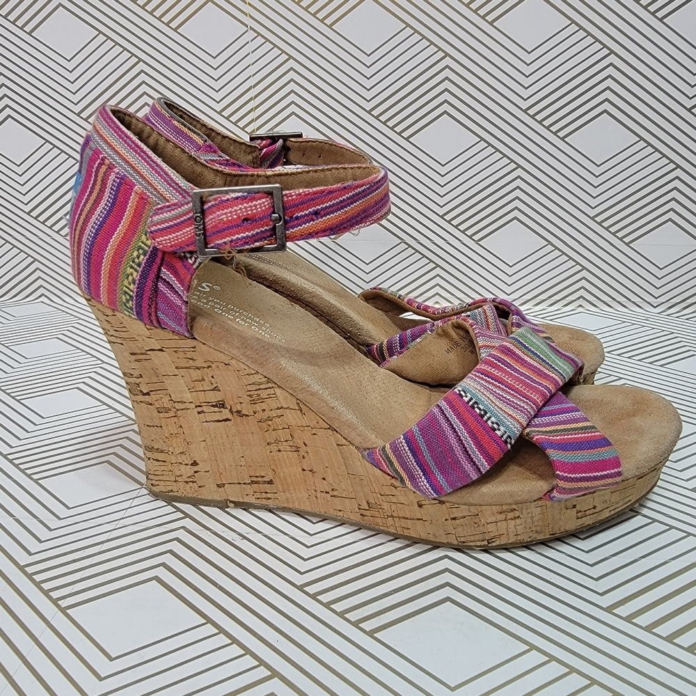Toms Sienna Women's Multicolor Cork Wedge Sandals - Size 7.5 Ankle Buckle. - Picture 3 of 9
